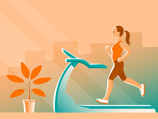 Young athletic girl is training on a treadmill. Exercises at home on the background of a window with a city view. Near houseplant. Vector illustration.