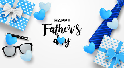 Happy Father’s Day greeting card. Design with heart, necktie, glasses and gift box on white background. light and shadow. Vector.