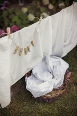 street washing in the yard summer hot white linen basin wash rope twine clothespins