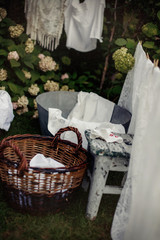 street washing in the yard summer hot white linen basin wash rope twine clothespins
