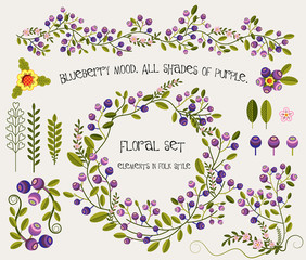 Set of colorful summer floral elements in folk style. Graphic collection with blueberries, leaves and flowers. Vector flat graphics.
