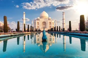 Taj Mahal and its reflection, famous view of India, Agra