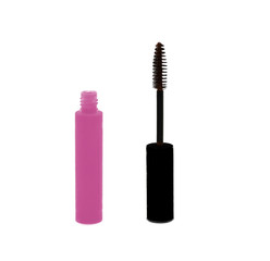 eye mascara bottle with brush in pink color on isolated white background