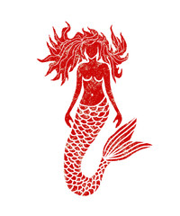 Mermaid illustration, retro texture style of a red color