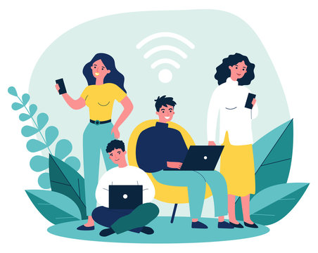 Young people browsing online via laptop and smartphones flat vector illustration. Users watching movie, surfing on sites and using Wi-Fi. Social media and digital technology concept.
