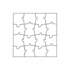 Set of sixteen puzzle pieces. Puzzle with different types of details and the ability to move each part. Black and white vector illustration.