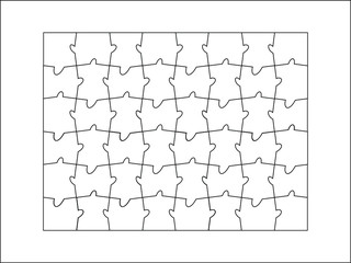 Set of forty eight puzzle pieces. Puzzle with different types of details and the ability to move each part. Black and white vector illustration