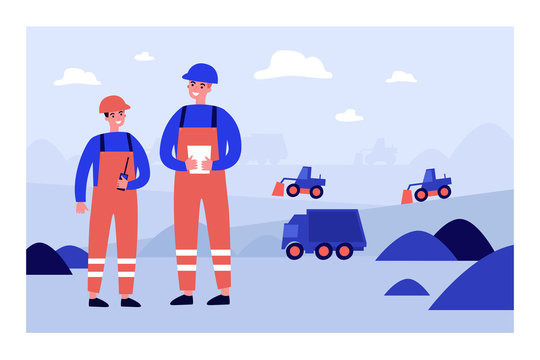 Coal mine engineers wearing protective uniforms, standing on construction site with heavy machines on background. Vector illustration for factory, industry, labor, blue collar concept