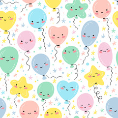 Obraz na płótnie Canvas Holiday or Birthday Seamless pattern with doodle Cute Balloons and Stars. Vector Festive Background for kids with Kawaii Balloons. Cartoon Balloon with Funny Face for Baby Shower design.
