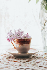 Obraz na płótnie Canvas Retro tea cup with lilac flowers in it. Home decoration. Springtime vibes.
