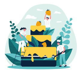 Pastry chefs cooking big birthday cake. Bakers decorating dessert with pink glaze and berries. Vector illustration for menu, bakery, confectionery concept