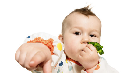 Portrait of funny baby boy that eats steamed broccoli on white isolated background.