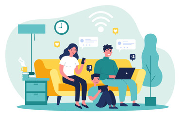 Family suffering from social media addiction. Parent and child sitting together at home and using digital devices. Vector illustration for problem, communication, internet concept
