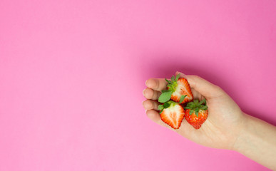 Female hand holding a strawberry on pink background. Flat lay banner. Space for text. Abstract.