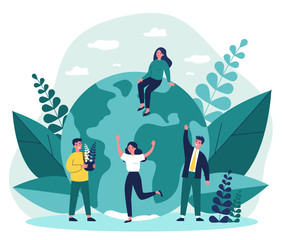 Earth, men with plants and women flat vector illustration. Tiny people saving world ecology and huge planet at background. Eco, environment and protecting nature concept