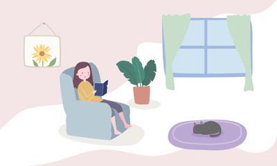 a girl is reading a book in home flat design illustration in vector