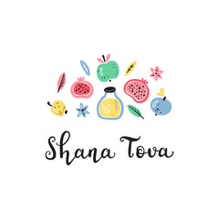 Jewish New Year Holiday. Concept of Happy Shana Tova. Rosh Hashanah Vector Greeting Card. Hand Drawn Lettering and Doodle Fruits. Pomegranate Fruit, Apples, Honey Jar, Flowers, and Leaves