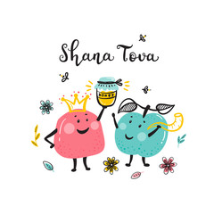 Jewish New Year Holiday. Happy Shana Tova. Rosh Hashanah Vector Greeting Card. Hand Drawn Lettering and Doodle Cute Fruits. Pomegranate Fruit and Apple Fruit Cartoon Characters with Honey Jar