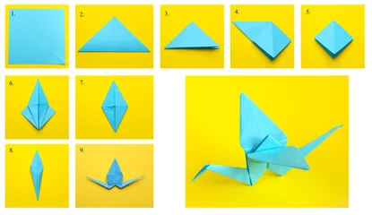 Fotobehang Kraanvogels Step-by-step instructions on how to make a crane using the origami technique. DIY concept. Children's creativity.  © Ekaterina Petrukhan
