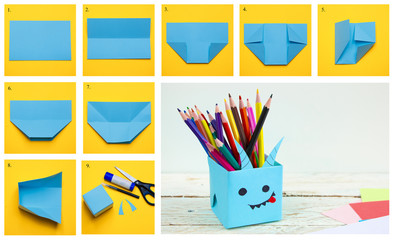 Step-by-step instructions on how to make a box in the form of a little devil for storing colored pencils. Children's creativity. DIY concept.
