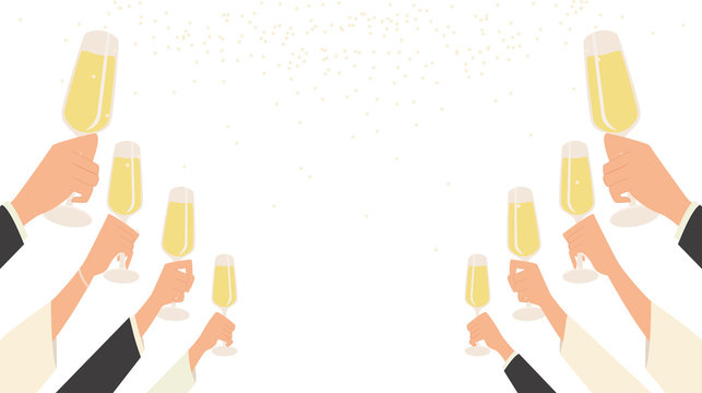 People hand raise champagne glasses to celebrating party in flat icon design on white color background