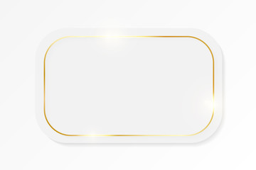 Gold shiny glowing vintage frame on whte plate isolated on white background. Golden luxury realistic border. Wedding, mothers or Valentines day concept. Xmas and New Year paper abstract