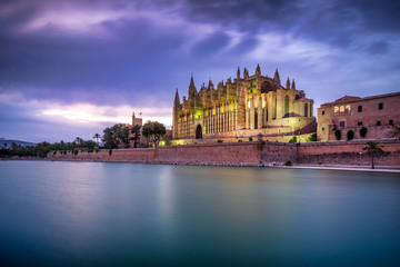 Cathedral of Palma de Majorca at night, Majorca, Balearic Islands