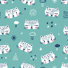 Little Cute leopard Cats with different design elements Seamless Pattern for kids. Doodle kitten face. Cat head. Cartoon Animal Vector illustration in Scandinavian style