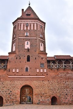 Nesvizh, Belarus - March 2020. Beautiful medieval Nesvizh castle. Famous landmark in Belarus residential castle. Medieval castle complex Niasvizh. UNESCO heritage. Castle courtyard