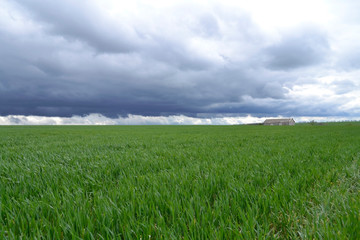 Lonely building in a field under dark thunderclouds