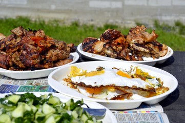 Food at a picnic. Picnic during the quarantine of COVID-19. Fresh vegetables and grilled meat.