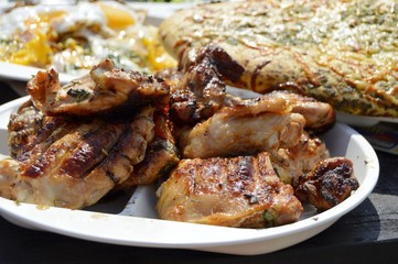 Food at a picnic. Fresh vegetables and grilled meat.