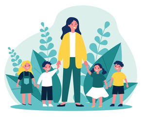 Kindergarten teacher walking with kids. Positive young woman leading happy kids by hands outdoors. Vector illustration for pedagogy, preschool, primary school, education concept - obrazy, fototapety, plakaty