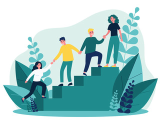 Happy young employees giving support and help each other flat vector illustration. Business team working together for success and growing. Corporate relations and cooperation concept.