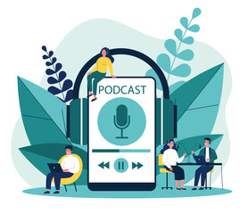People listening speakers from broadcasting station flat vector illustration. Man and woman listening podcast online Anchorperson sitting and talking to microphone. Radio and technology concept
