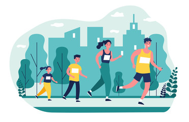 Naklejka premium Family jogging in city park. Parents and kids running marathon. Vector illustration for lifestyle, outdoor activity, sport, leisure, fitness concept