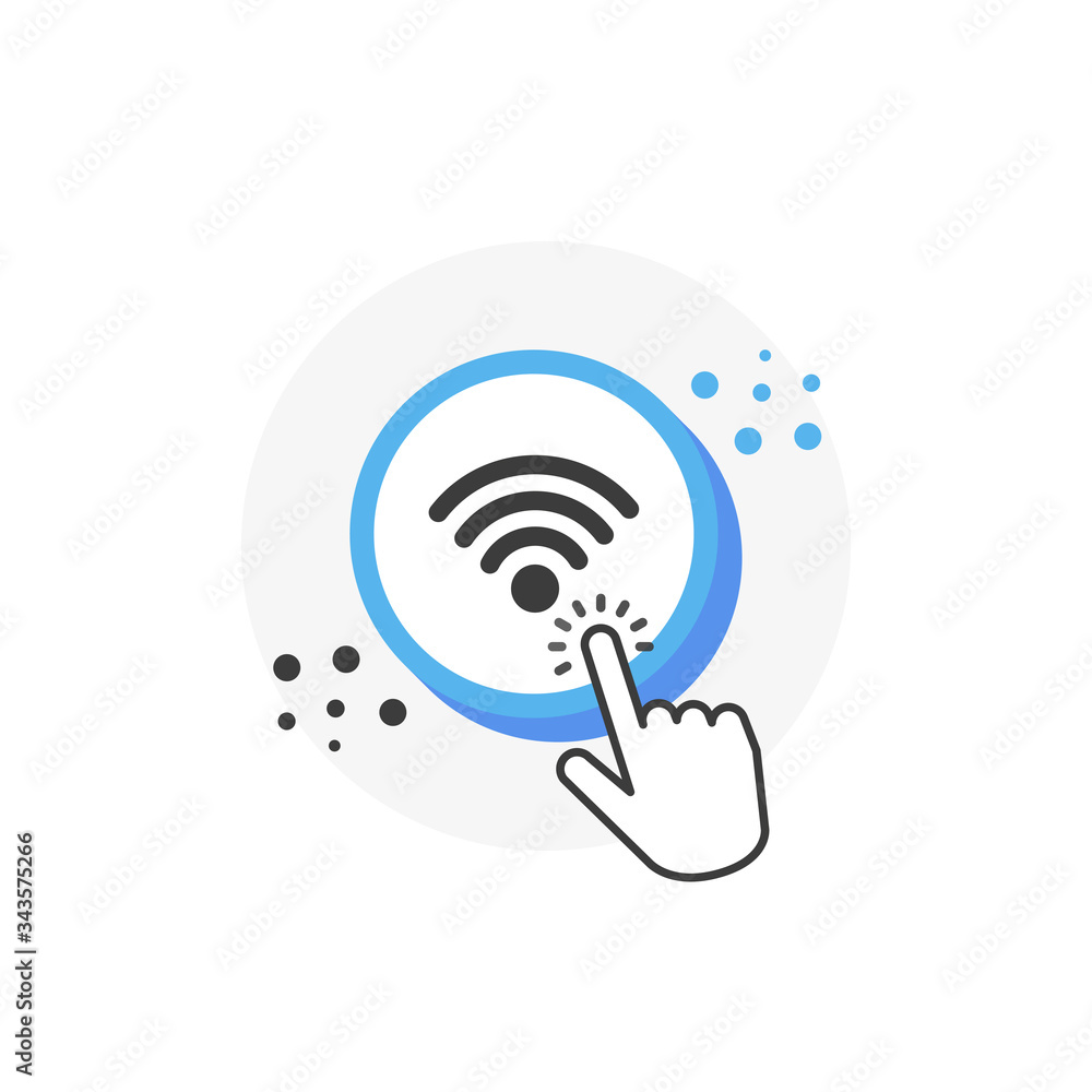 Poster wifi blue 3d circles button with hand pointer clicking. white background. vector