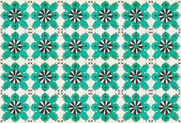 Vintage geometric tile. Portuguese or Spanish retro old tiles mosaic, Mediterranean seamless turquoise design. Ornamental textile background.