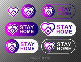 Stay at home buttons collection. Heart and house pictogram for #stayhome social media campaign on white background. Vector