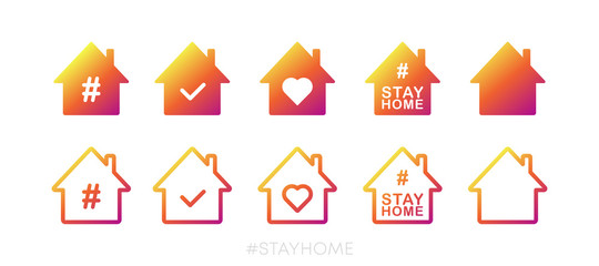 Stay at home buttons sign collection. Heart and house pictogram for #stayhome social media campaign on white background. Vector