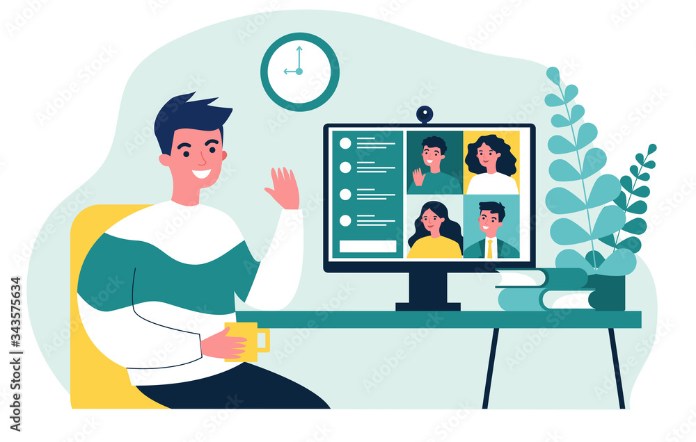 Poster worker using computer for collective virtual meeting and group video conference. man at desktop chat