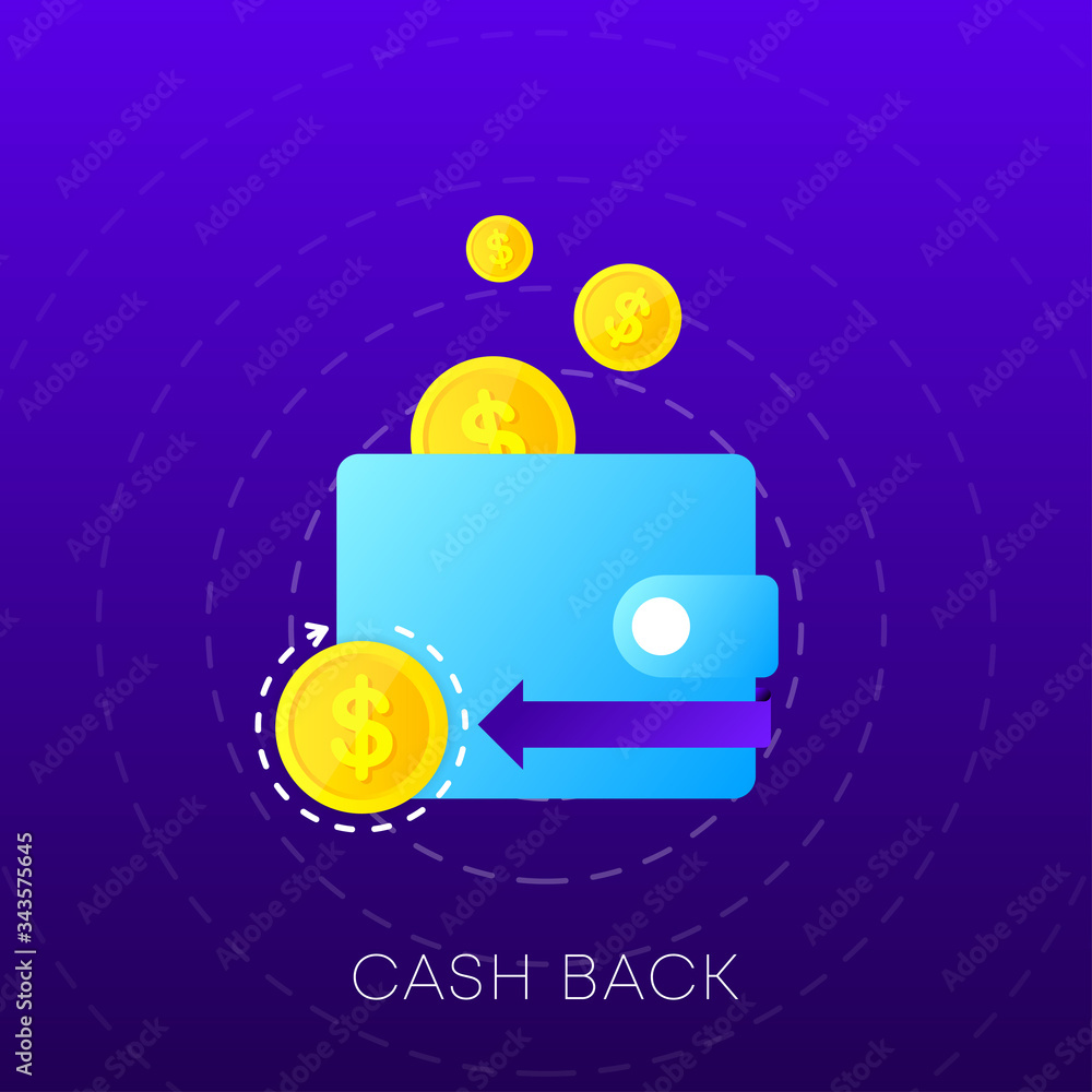 Poster cashback logo coins and arrow on browser window and gradient background. vector