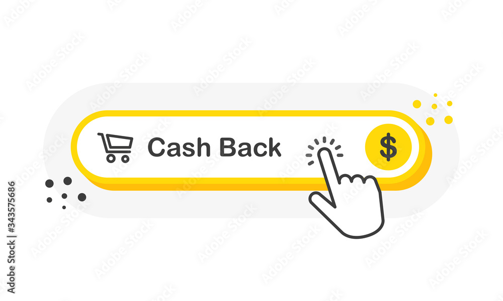 Poster cash back yellow 3d button with hand pointer clicking. white background. vector