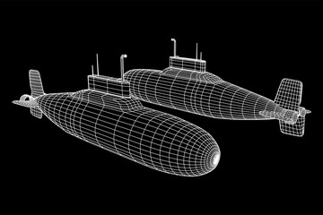 Military atomic submarine underwater boat. Wireframe low poly mesh vector illustration © newb1