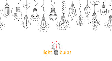 Hanging Light Bulbs horizontal Vector Seamless border. Symbol of Hand drawn light bulb idea
