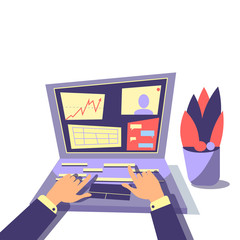 Hands in suit typing on the computer laptop keyboard, houseplant. Technology and business communication concept. Online shopping or research. Copy space for text. Office work, freelance job. Isolated.