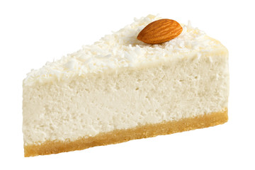 Piece of Coconut cheesecake isolated on white background, clipping path, full depth of field