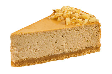 Piece of cheesecake isolated on white background, clipping path, full depth of field