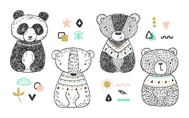 Teddy Bears and Animal Habitat Vector Set. Hand drawn Doodle Cute Baby Panda, Polar bear, Grizzly, Brown Bear. Cartoon tribal Animals Vector illustration. T-shirt print Scandinavian design for kids.
