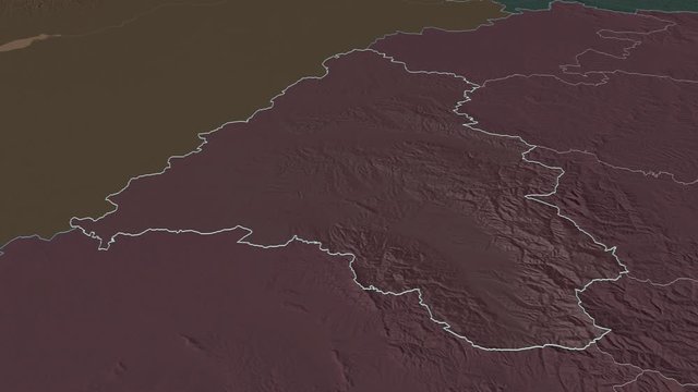 Bihor, county with its capital, zoomed and extruded on the administrative map of Romania in the conformal Stereographic projection. Animation 3D